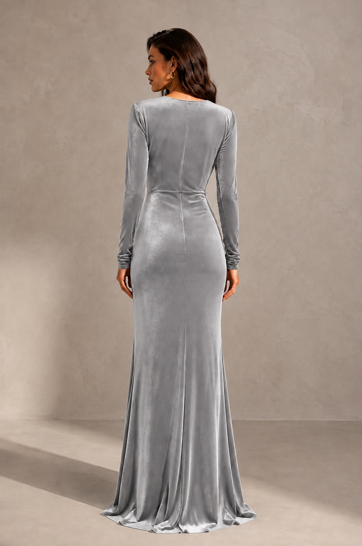 BOLODOO Silver Velvet Long Sleeve V-Neck Ruched Evening Gown - Silver