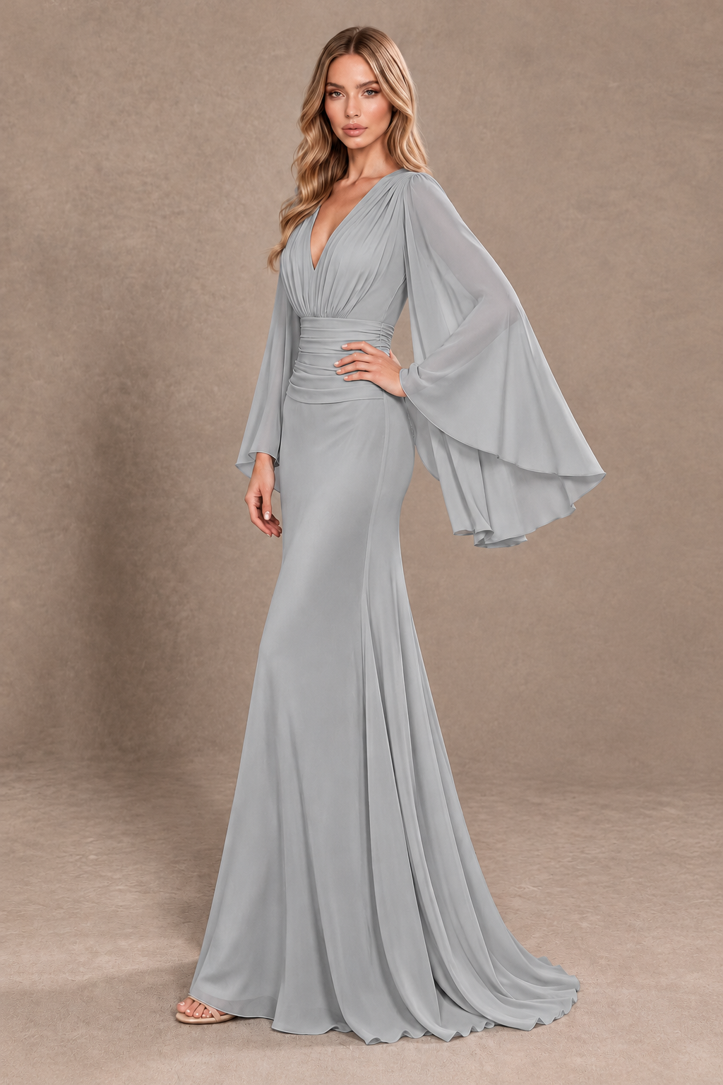BOLODOO Silver Cape Sleeve V-Neck Ruched Chiffon Evening Dress - Silver - Silver_2