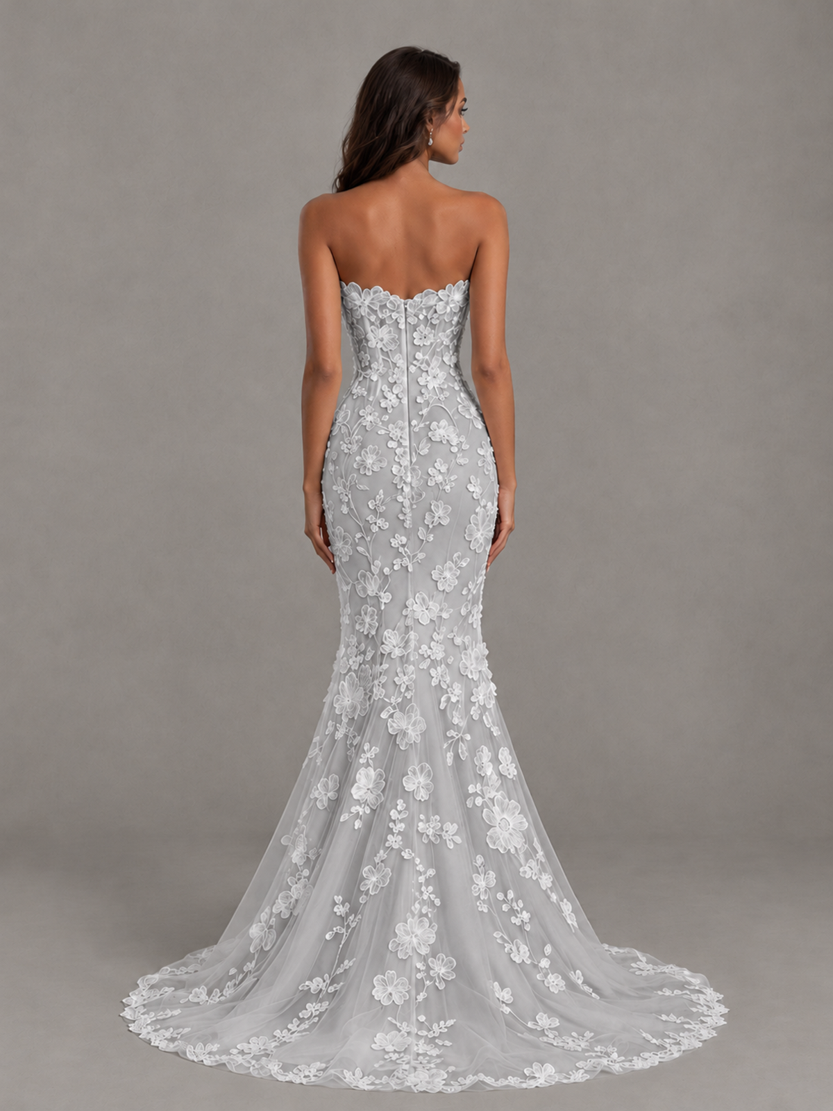 BOLODOO Silver Strapless 3D Floral Lace Mermaid Prom Dress with Train - Silver - Silver_2