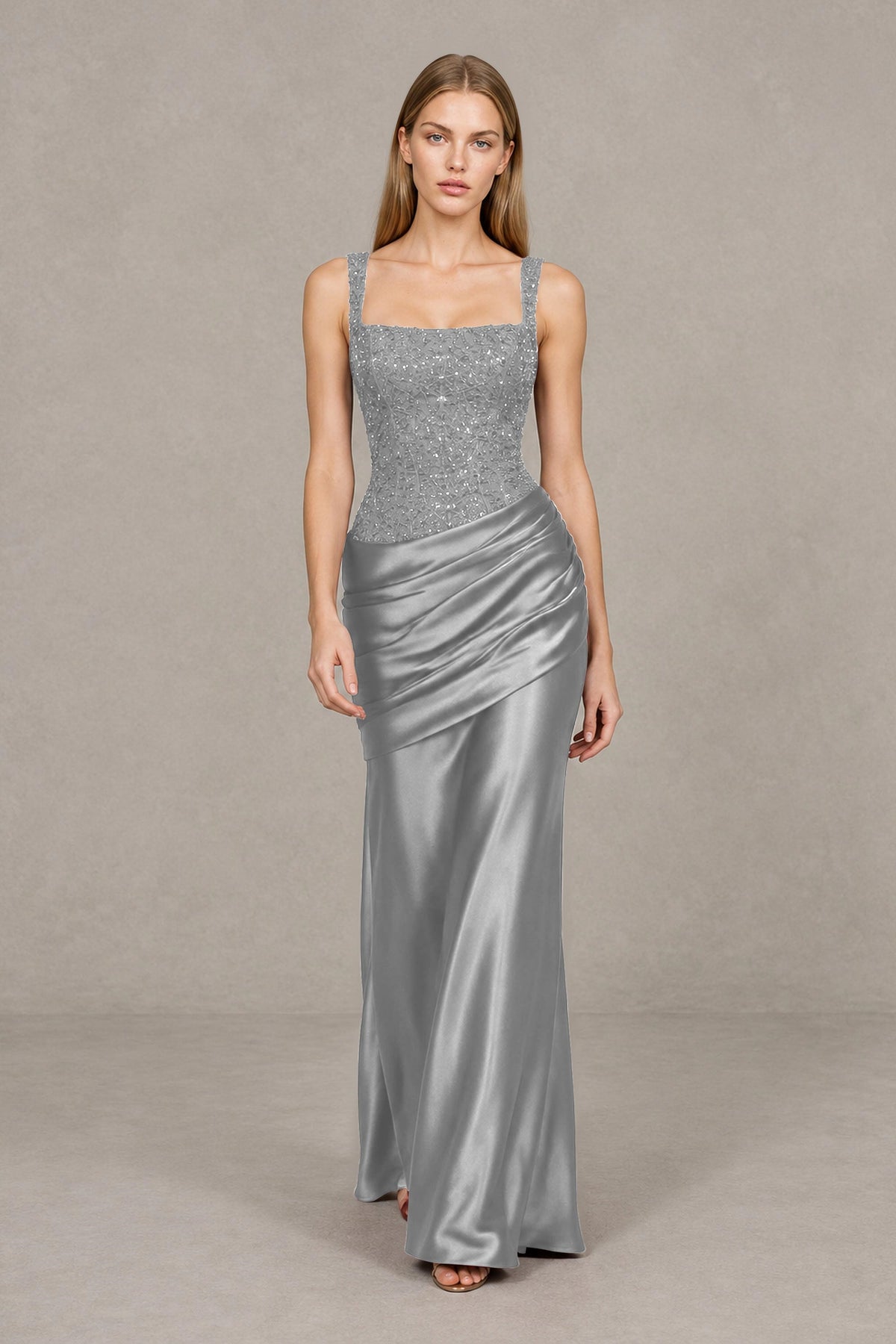 BOLODOO Silver Square Neck Embellished Satin Evening Gown - Silver