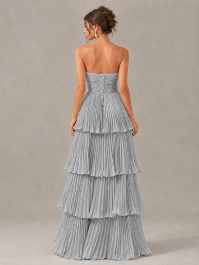 BOLODOO Silver Strapless Tiered Pleated Bridesmaid Dress - Silver - Silver_2