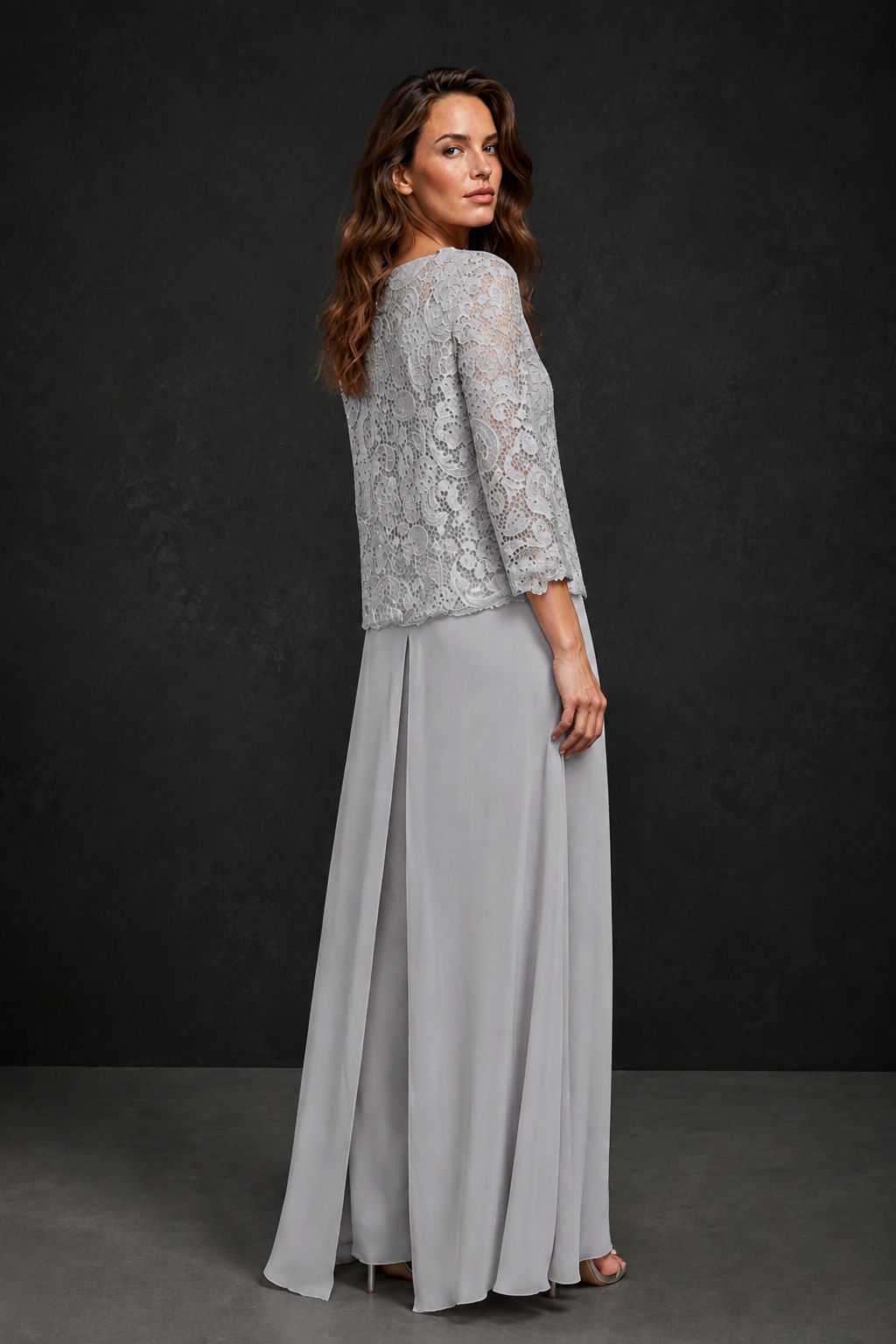 BOLODOO Silver Grey Lace Peplum Top & Wide-Leg Chiffon Pants Set | Mother of the Bride & Formal Evening Outfit - Silver - Silver