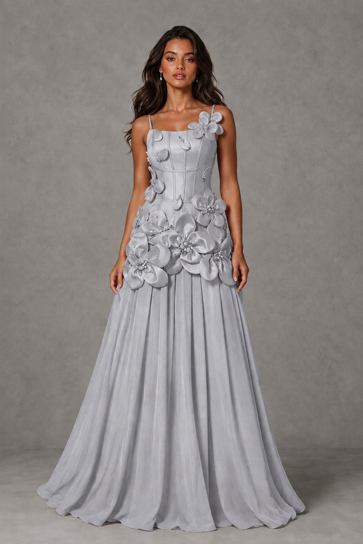 BOLODOO Silver 3D Floral Appliqué Floor-Length A-Line Evening Gown - Silver
