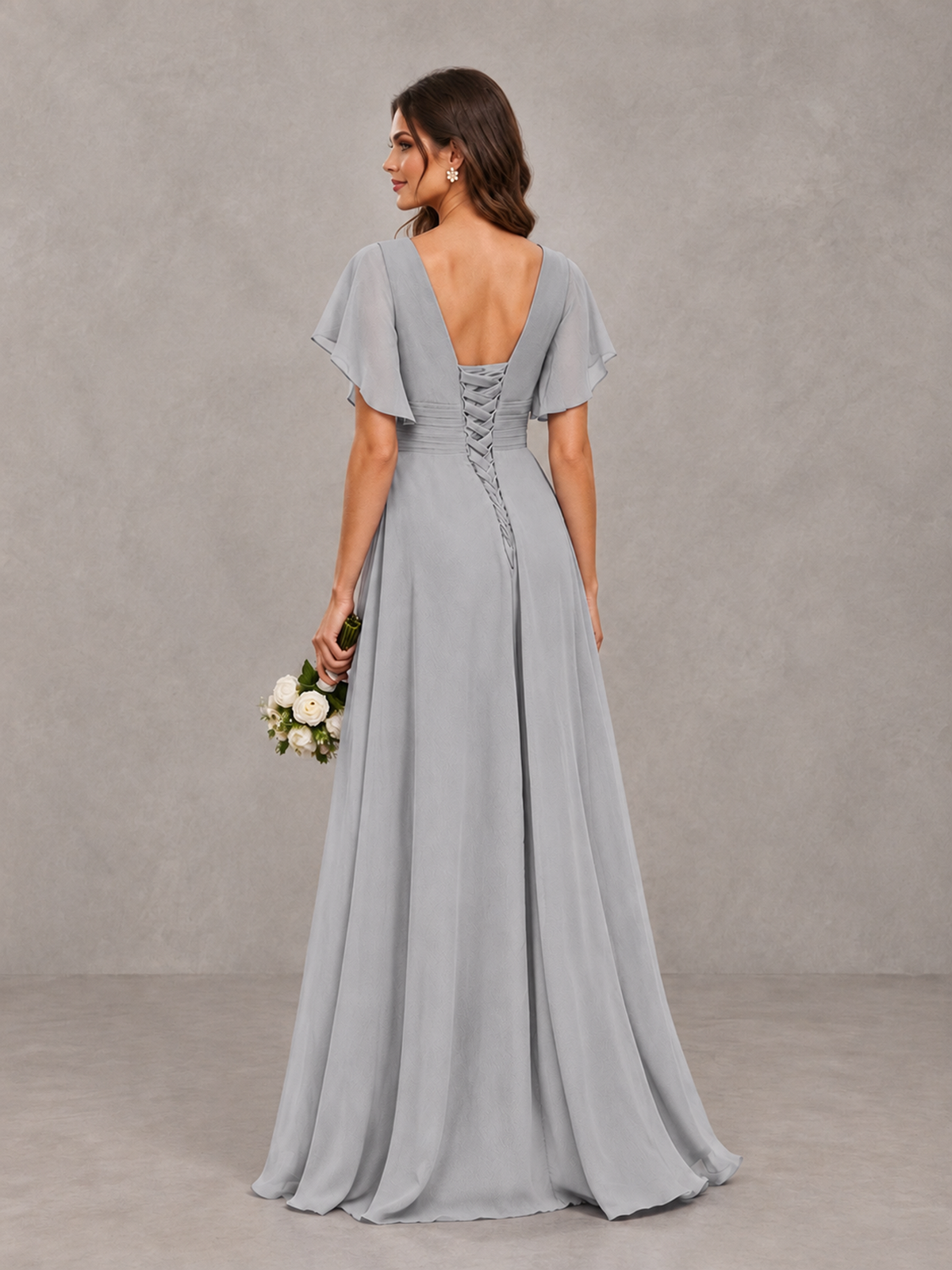 BOLODOO Silver Flutter Sleeve V-Neck Bridesmaid Dress with Ruffle Slit - Silver - Silver_2