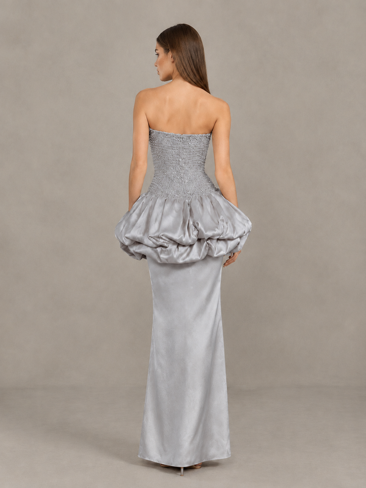 BOLODOO Silver Strapless Embellished Bubble Peplum Evening Dress - Silver - Silver_2
