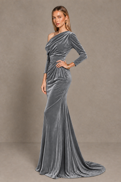 BOLODOO Silver Velvet Asymmetric Neck Mermaid Evening Dress - Silver - Silver_2