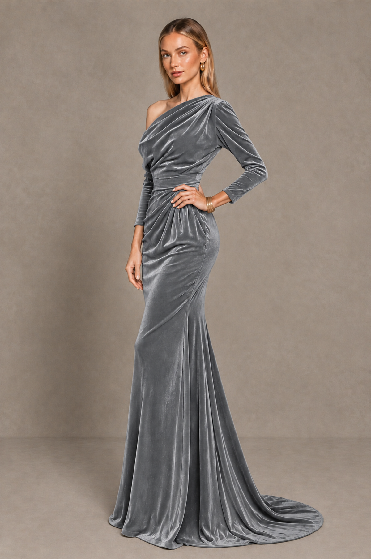 BOLODOO Silver Velvet Asymmetric Neck Mermaid Evening Dress - Silver - Silver_2