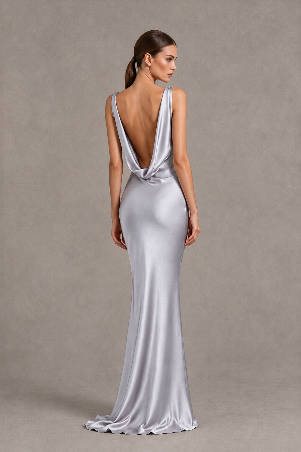 BOLODOO Silver Cowl Neck Backless Satin Mermaid Evening Dress - Silver - Silver_2
