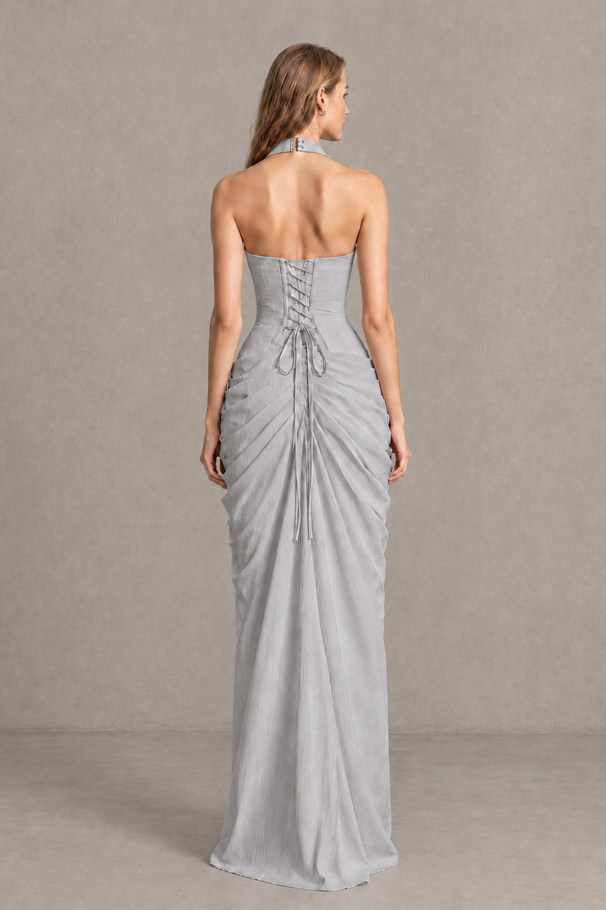 BOLODOO Silver Halter Neck Ruched Maxi Dress with High Slit - Silver - Silver_2