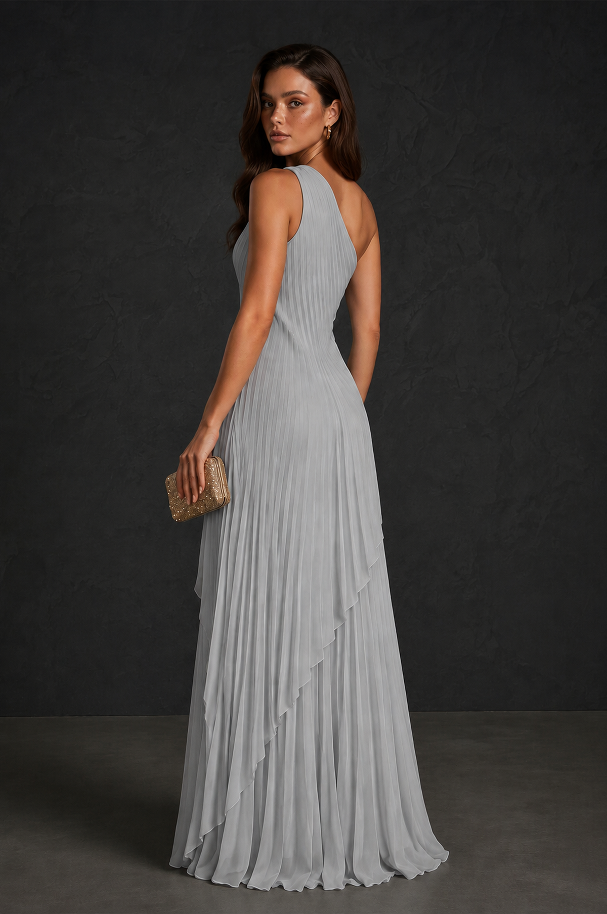 BOLODOO Silver One-Shoulder Sunburst Pleated Asymmetric Layered Overlay Accordion Pleated Chiffon Maxi Dress - Silver