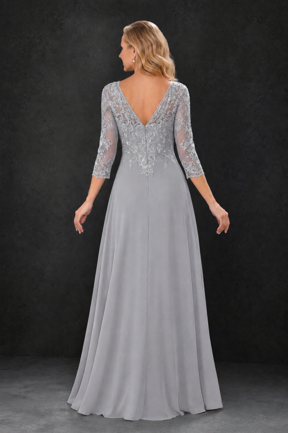 BOLODOO Silver Lace Embroidered Mother of the Bride Dress with 3/4 Sleeves - Silver