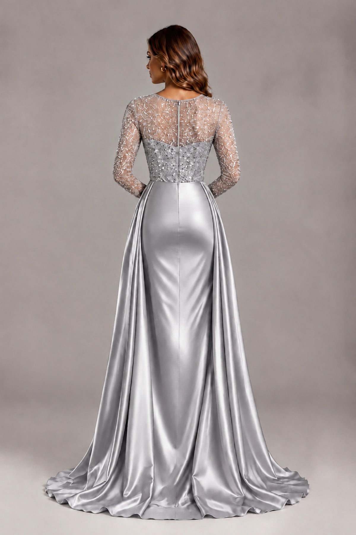 BOLODOO Silver Long Sleeve Embellished Satin Evening Gown with Sweep Train - Silver - Silver_2