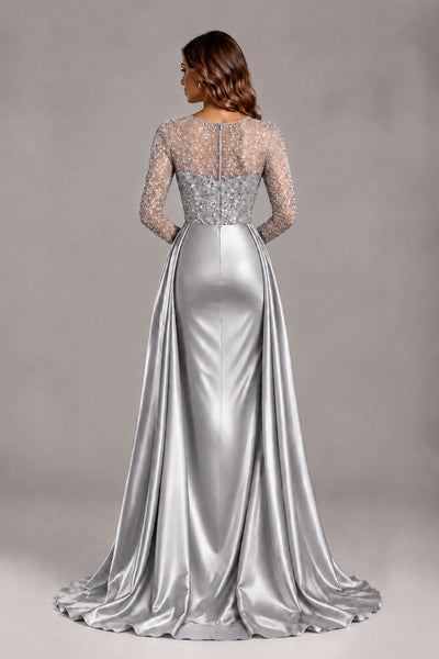 BOLODOO Silver Long Sleeve Embellished Satin Evening Gown with Sweep Train - Silver - Silver_2