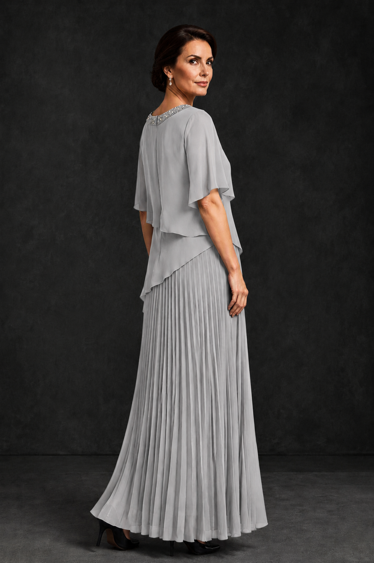 BOLODOO Silver Pearl Beaded Neck Asymmetric Tiered Flutter Sleeve Pleated Chiffon Maxi Dress - Silver - Silver_2