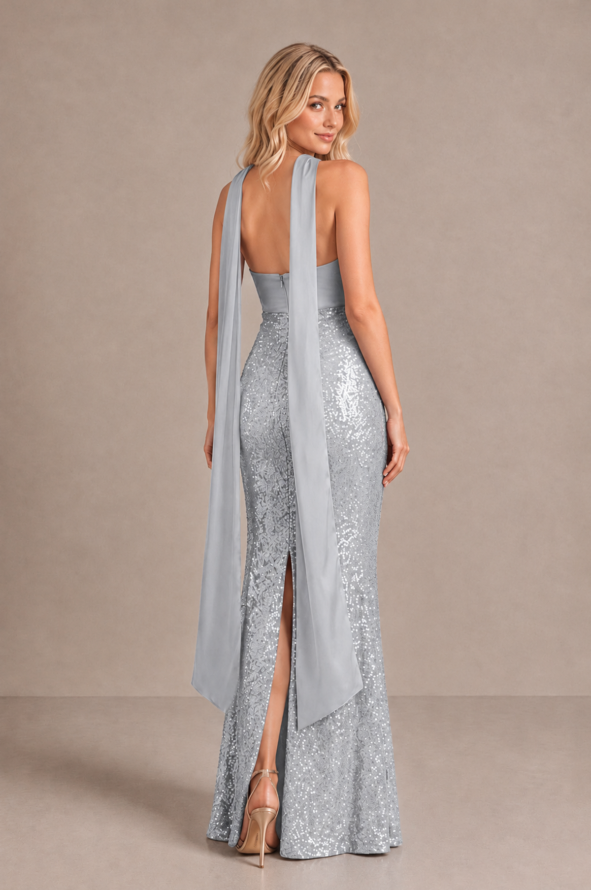 BOLODOO Silver Strapless Sweetheart Evening Dress with Scarf - Silver - Silver_2