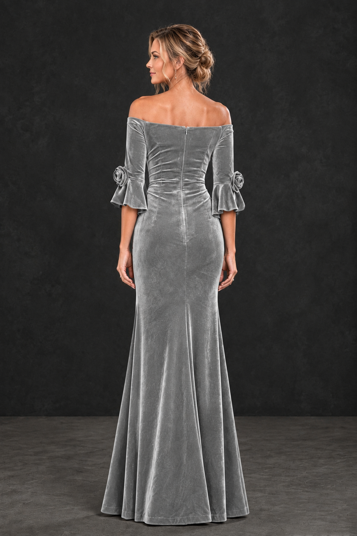 BOLODOO Silver Velvet Off-Shoulder Mother of the Bride Dress – 3/4 Floral Cuff Sleeve Mermaid Evening Gown - Silver - Silver_2