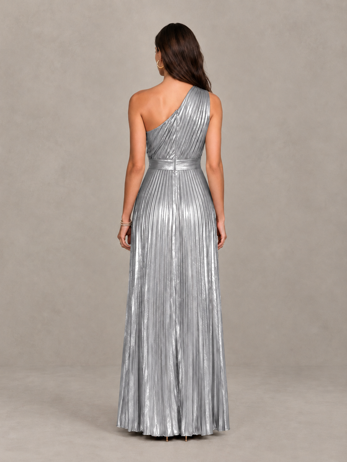 BOLODOO Silver One-Shoulder Metallic Pleated Wide-Leg Jumpsuit - Silver - Silver_2