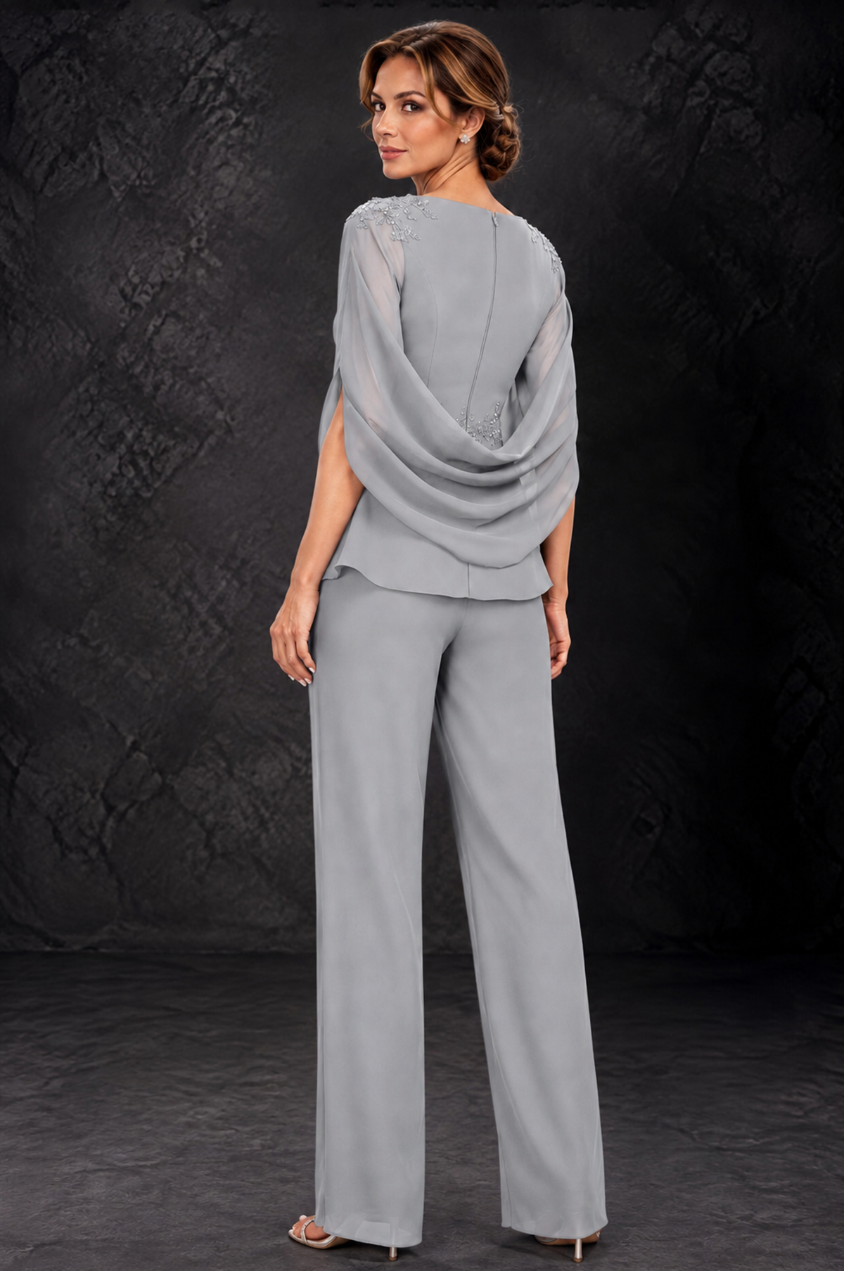BOLODOO Silver Embellished Cape Sleeve Mother of the Bride Pantsuit - Silver - Silver_2