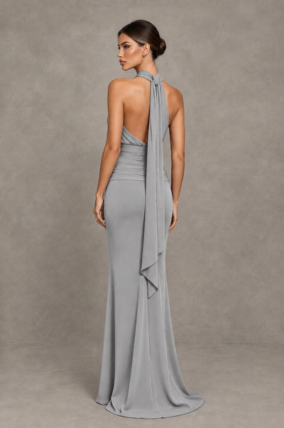 BOLODOO Silver Chiffon Halter Maxi Formal Wedding Guest Dress - Silver - Silver_2