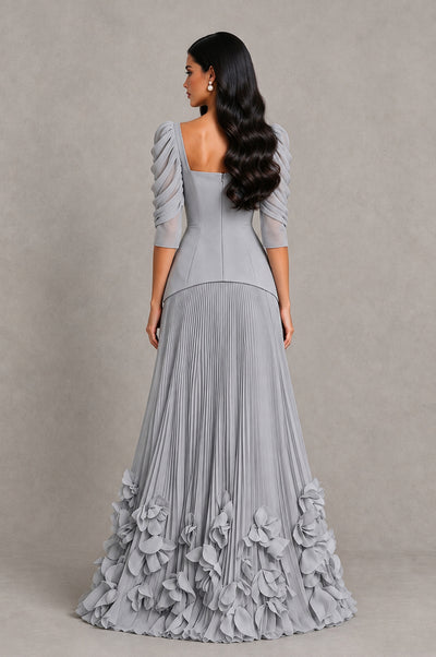 BOLODOO Silver Square Neck Pleated Floral Applique Evening Dress - Silver - Silver_2