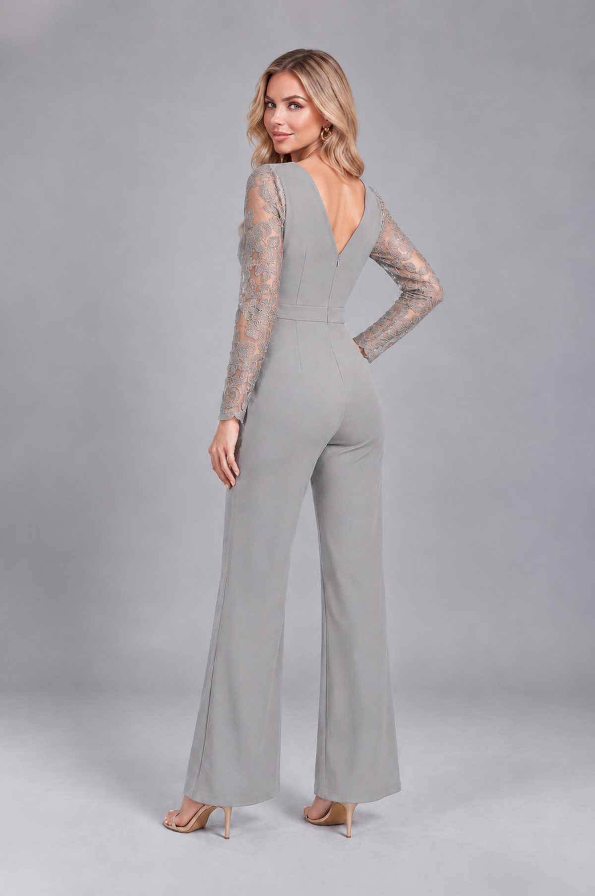 BOLODOO Silver Lace Long-Sleeve V-Neck Mother Pant Suit - Silver - Silver_2