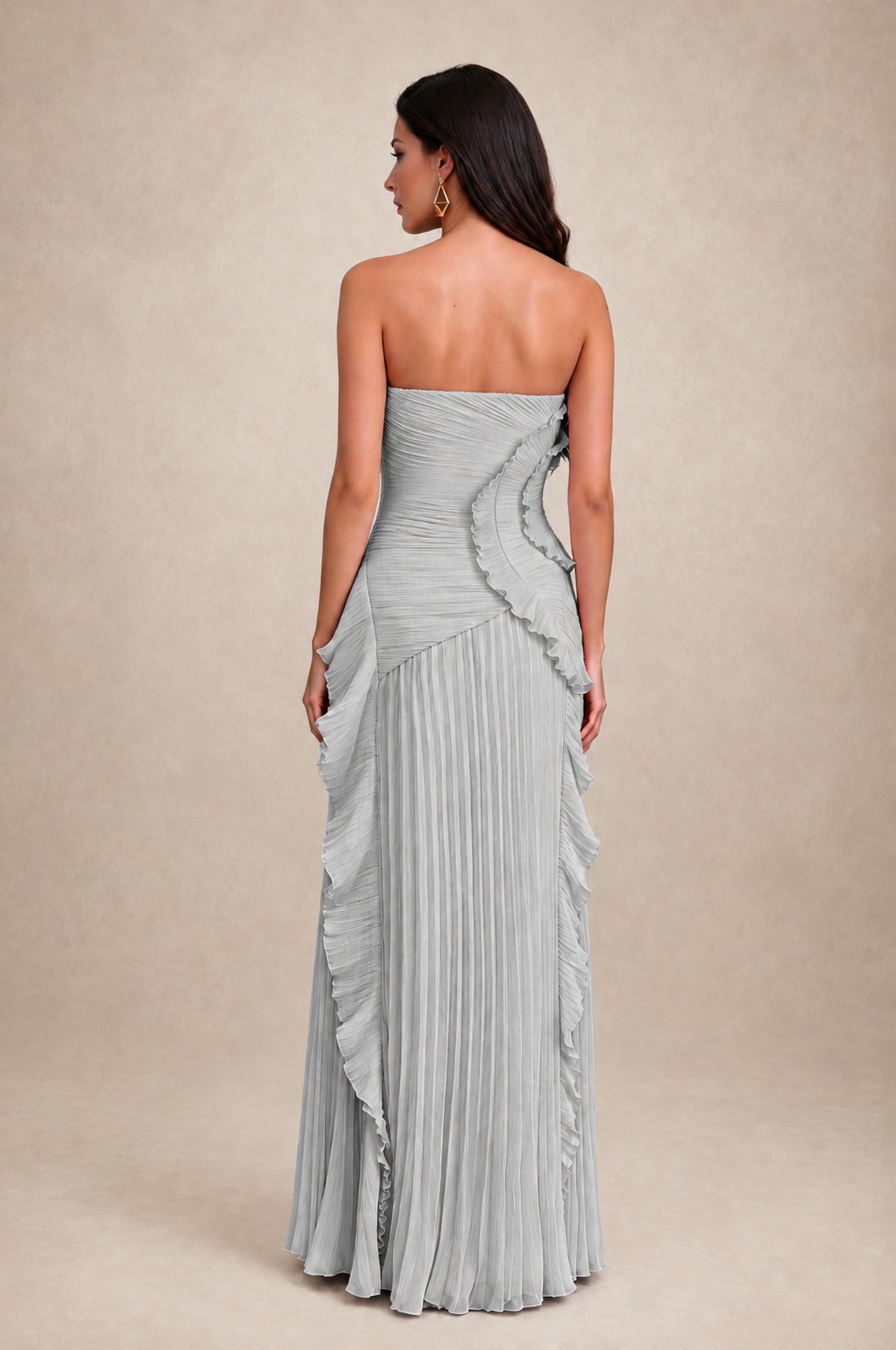 BOLODOO Silver Strapless Ruffle Pleated Slit Evening Gown - Silver - Silver_2