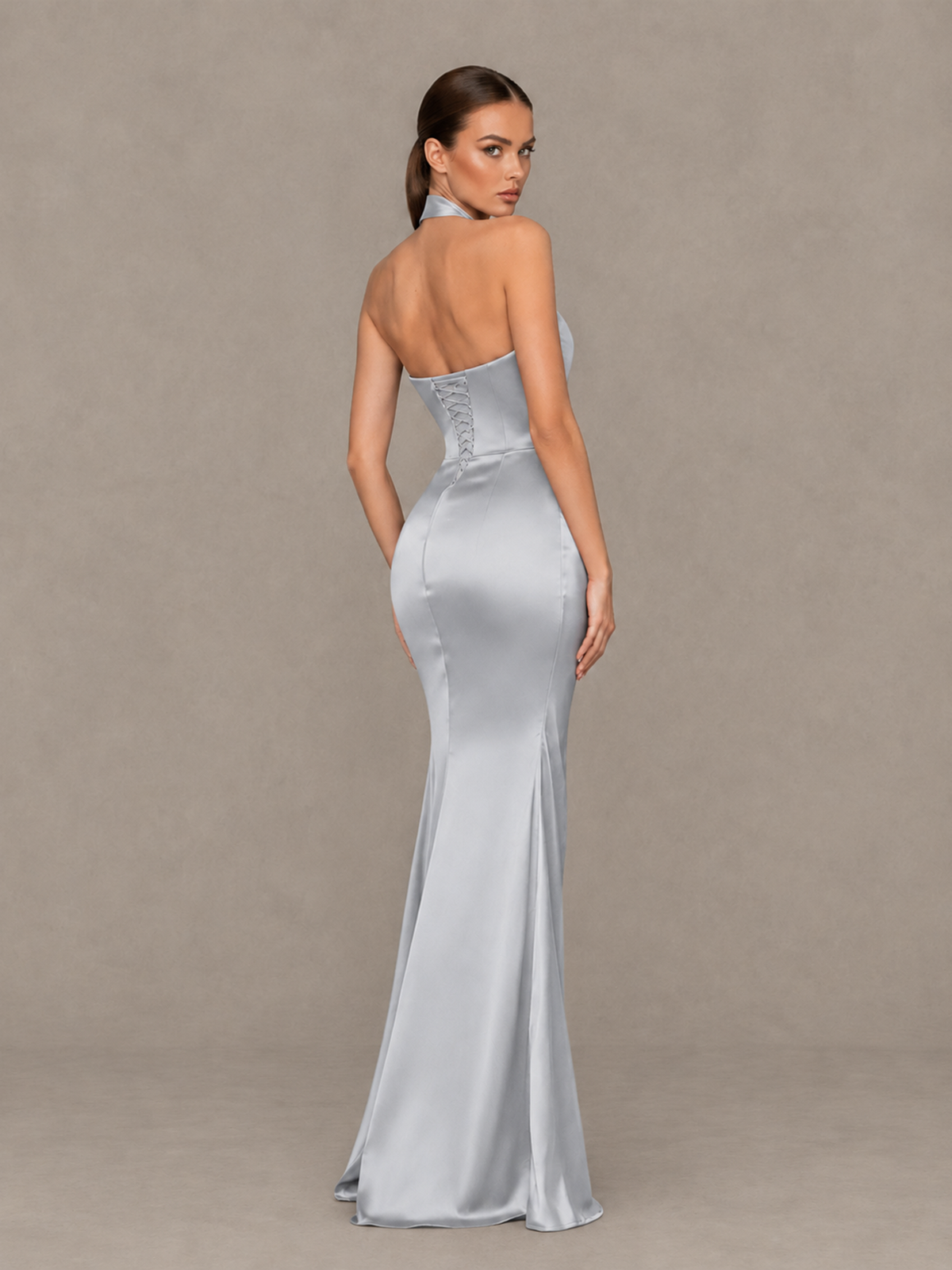 BOLODOO Silver Cross-Halter Ruched Satin-Look Evening Gown with High Slit - Silver - Silver_2