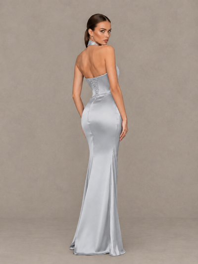 BOLODOO Silver Cross-Halter Ruched Satin-Look Evening Gown with High Slit - Silver - Silver_2