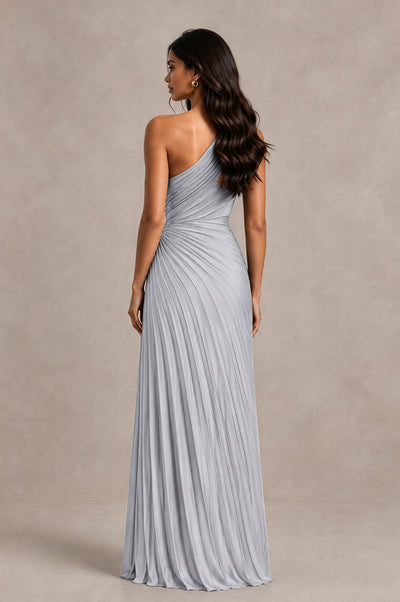 BOLODOO Silver One Shoulder Pleated Evening Dress with Ruched Waist and High Slit - Silver - Silver_2