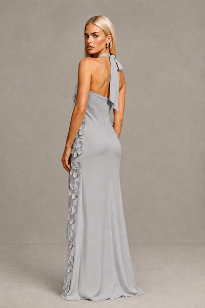BOLODOO Silver Cross Halter Neck 3D Floral Appliqué Backless Mermaid Maxi Gown - Silver - Silver_2