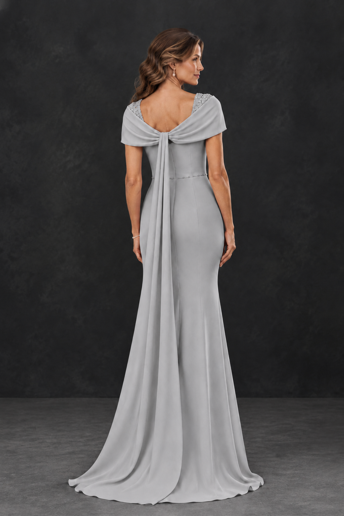 BOLODOO Silver Mother of the Bride Dress with Draped Cape Detail - Silver - Silver_2