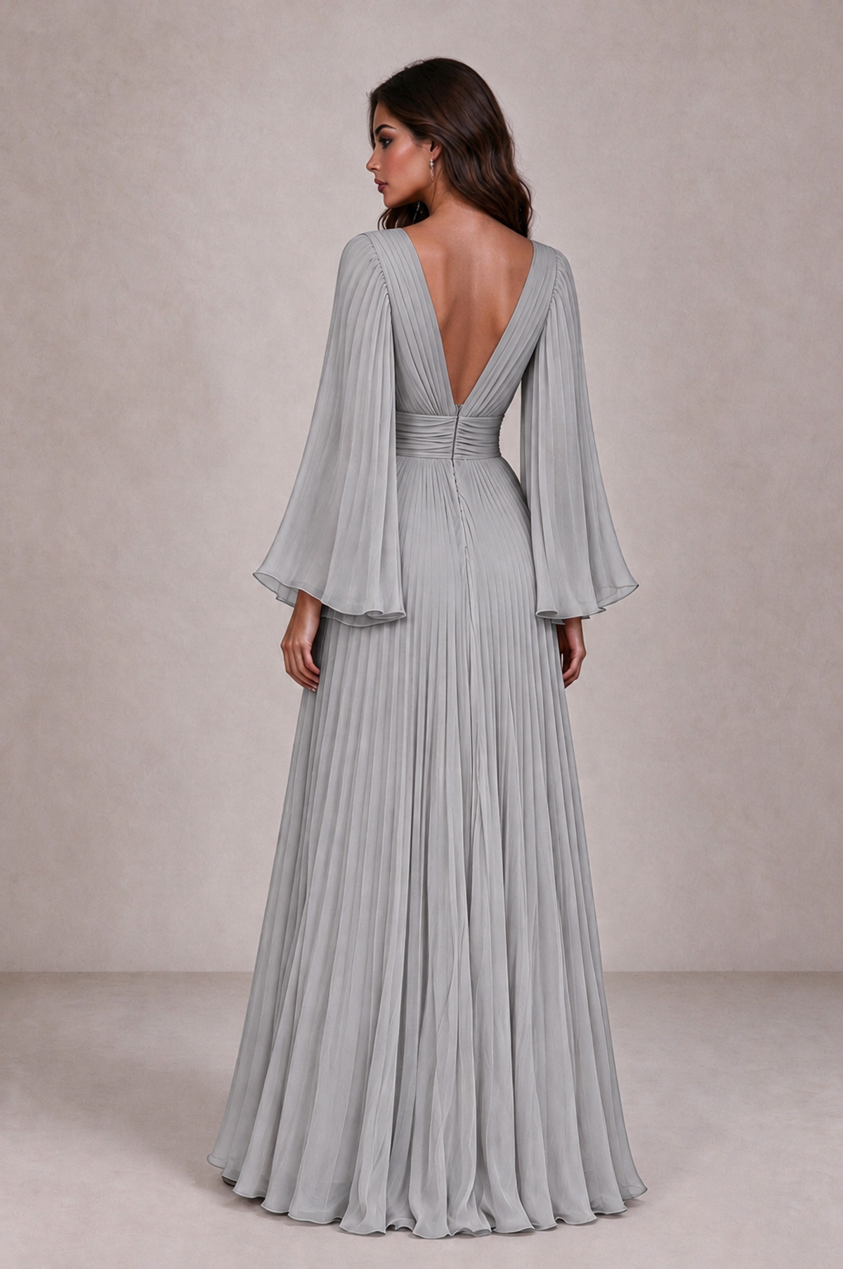 BOLODOO Silver Pleated Deep V-Neck Long Bell Sleeve Evening Dress - Silver - Silver_2
