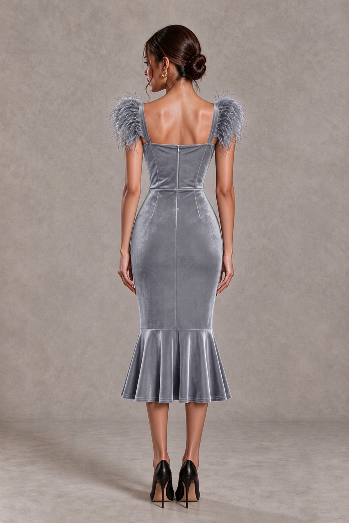 BOLODOO Silver Feather-Trim Velvet-Look Mermaid Midi Dress - Silver - Silver_2