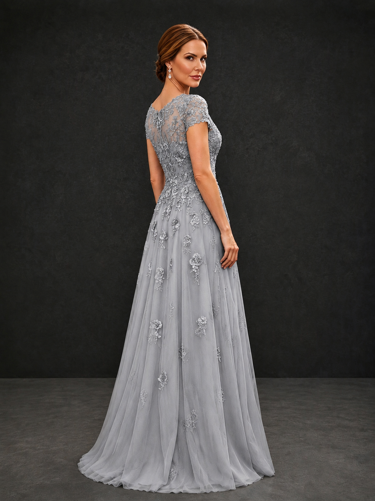 BOLODOO Silver Cap Sleeve Lace Appliqué A-Line Formal Gown | Mother of the Bride Dress - Silver - Silver_2