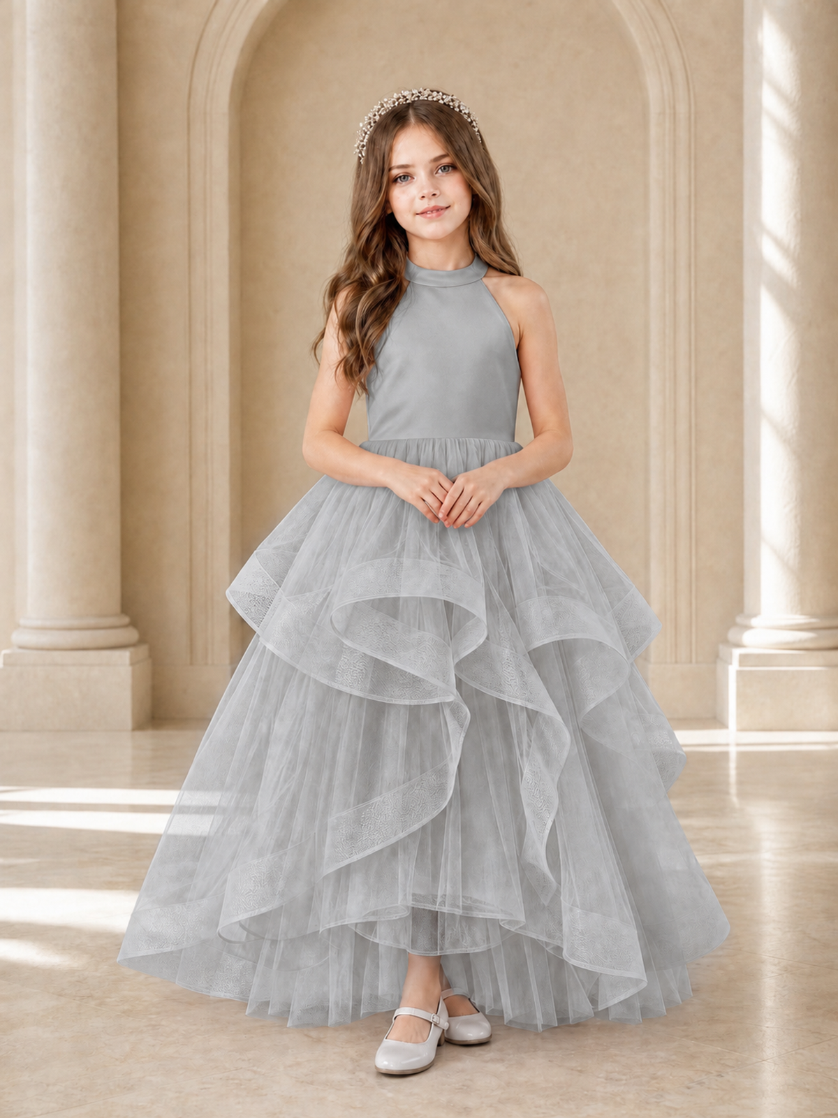 BOLODOO Silver Halter Tiered Tulle Flower Girl Dress with Bow Back - Silver - Silver_2