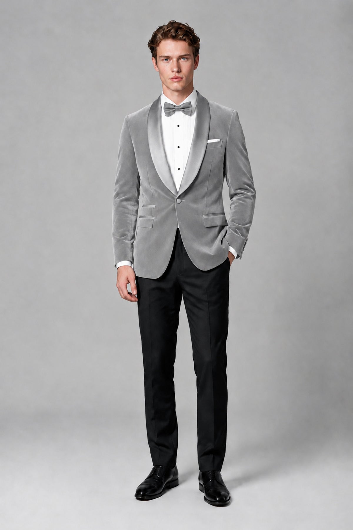 BOLODOO Men's Silver Velvet Blazer | Shawl Lapel Tuxedo Jacket - Silver - Silver_2