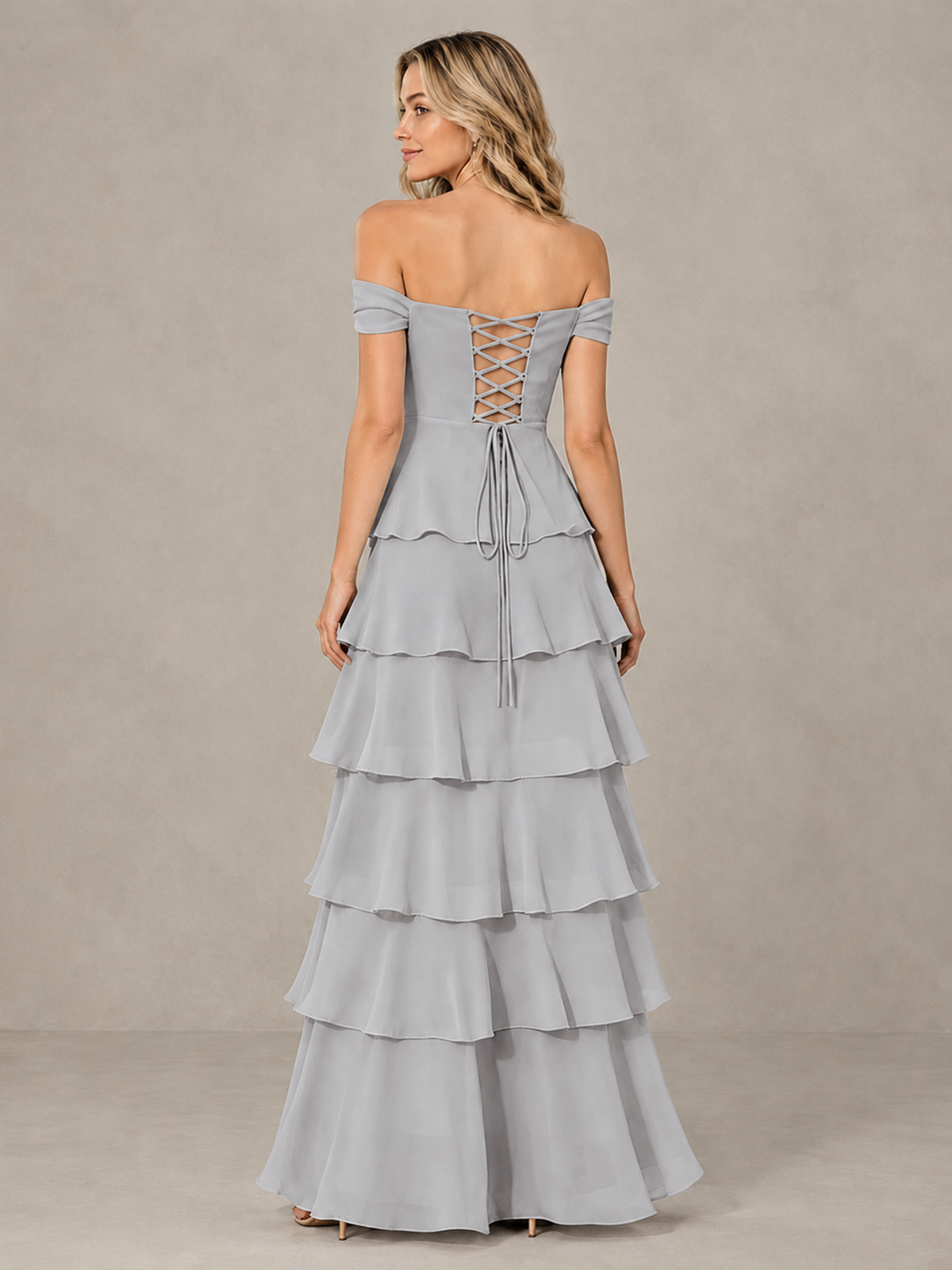 BOLODOO Silver Off-Shoulder Tiered Ruffle Bridesmaid Dress with Lace-Up Back - Silver - Silver_2