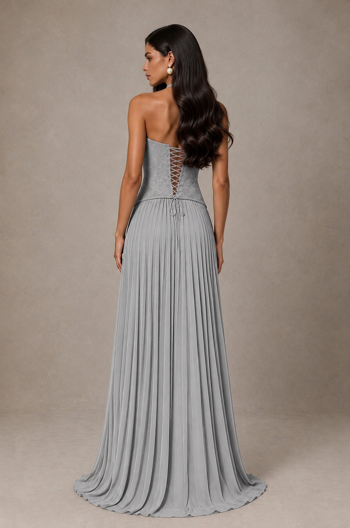 BOLODOO Silver Halter Corset Pleated A-Line Evening Dress - Silver - Silver_2
