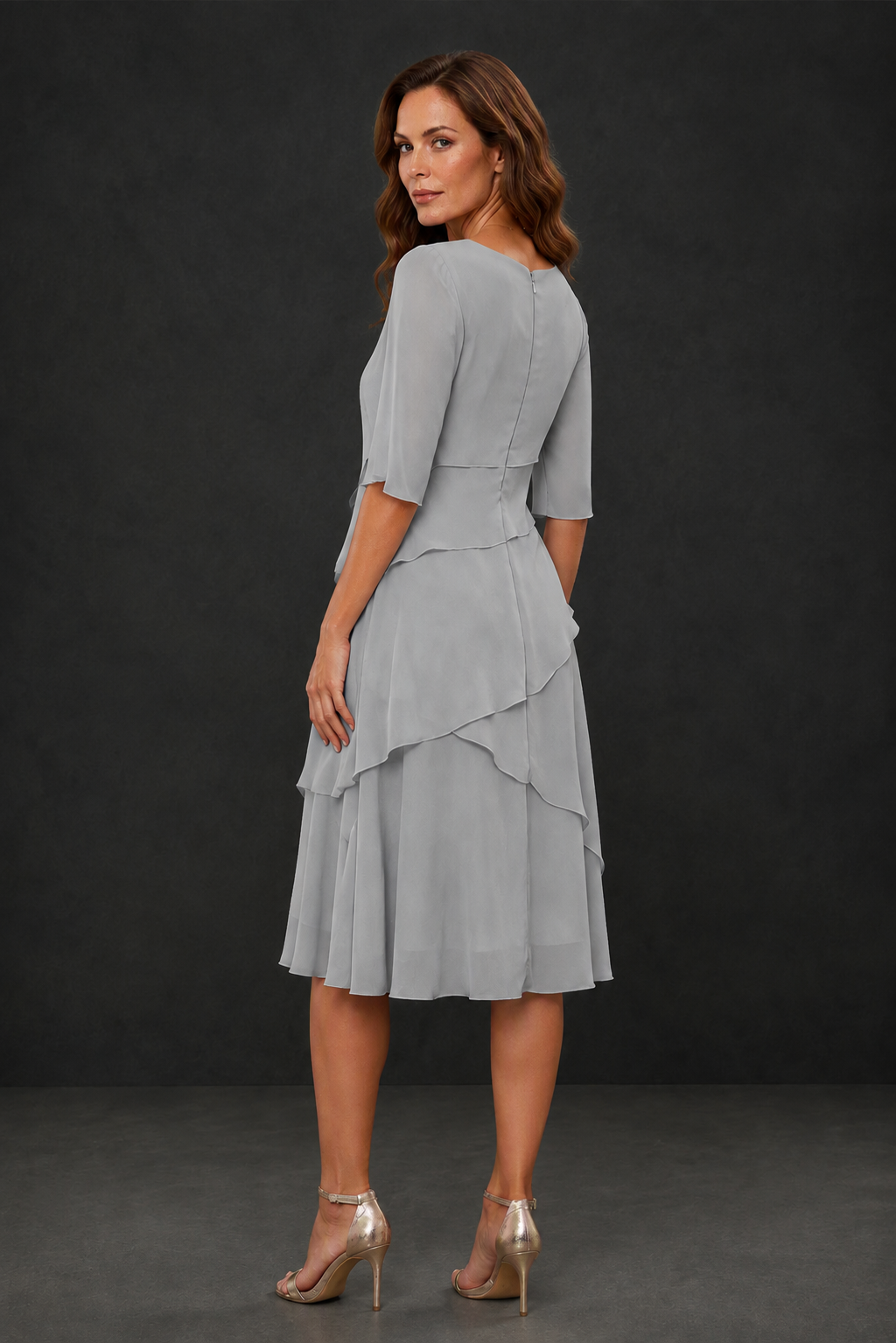 BOLODOO Silver Chiffon 3/4 Sleeve Asymmetric Tiered Tea Length Dress | Mother of the Bride Midi Dress - Silver