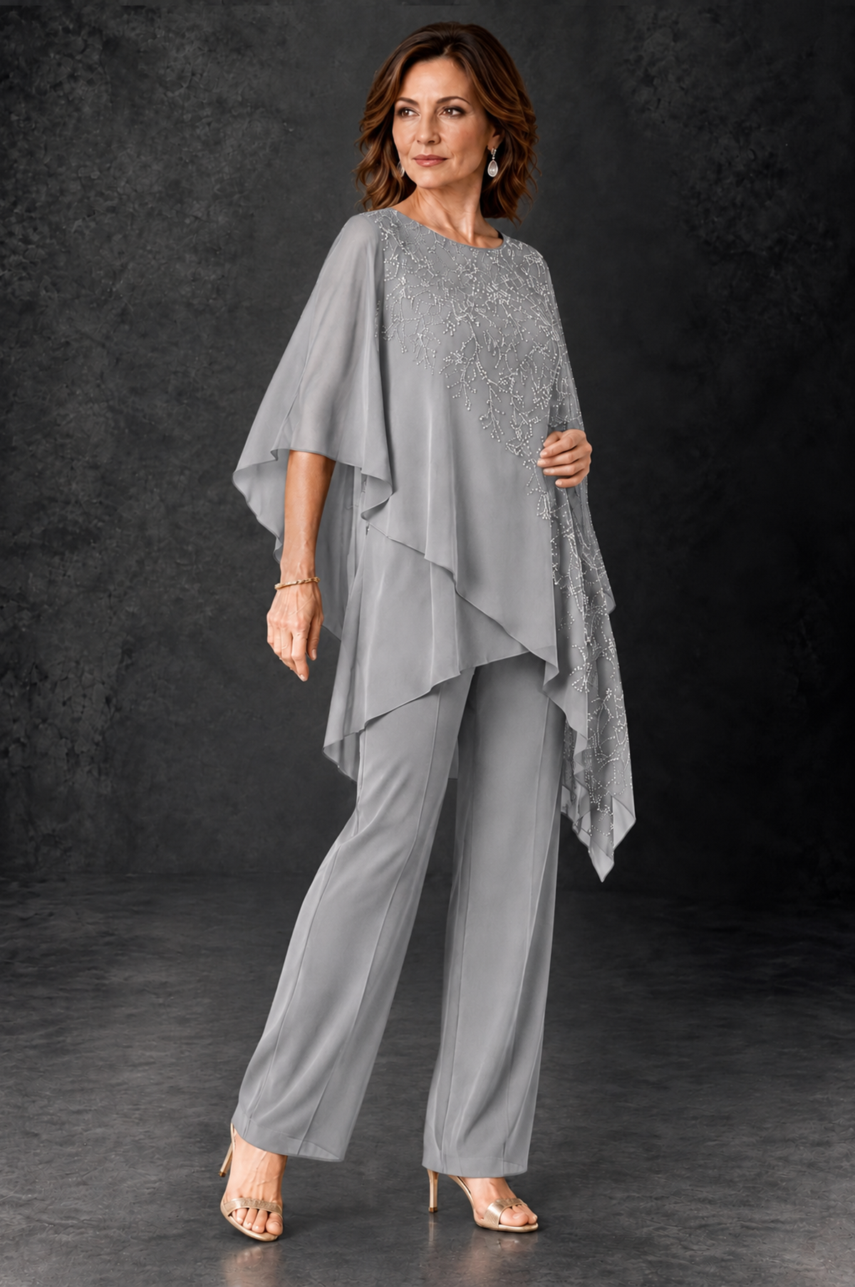 BOLODOO Silver Embellished Cape Pant Suit for Mother of the Bride - Silver - Silver_2