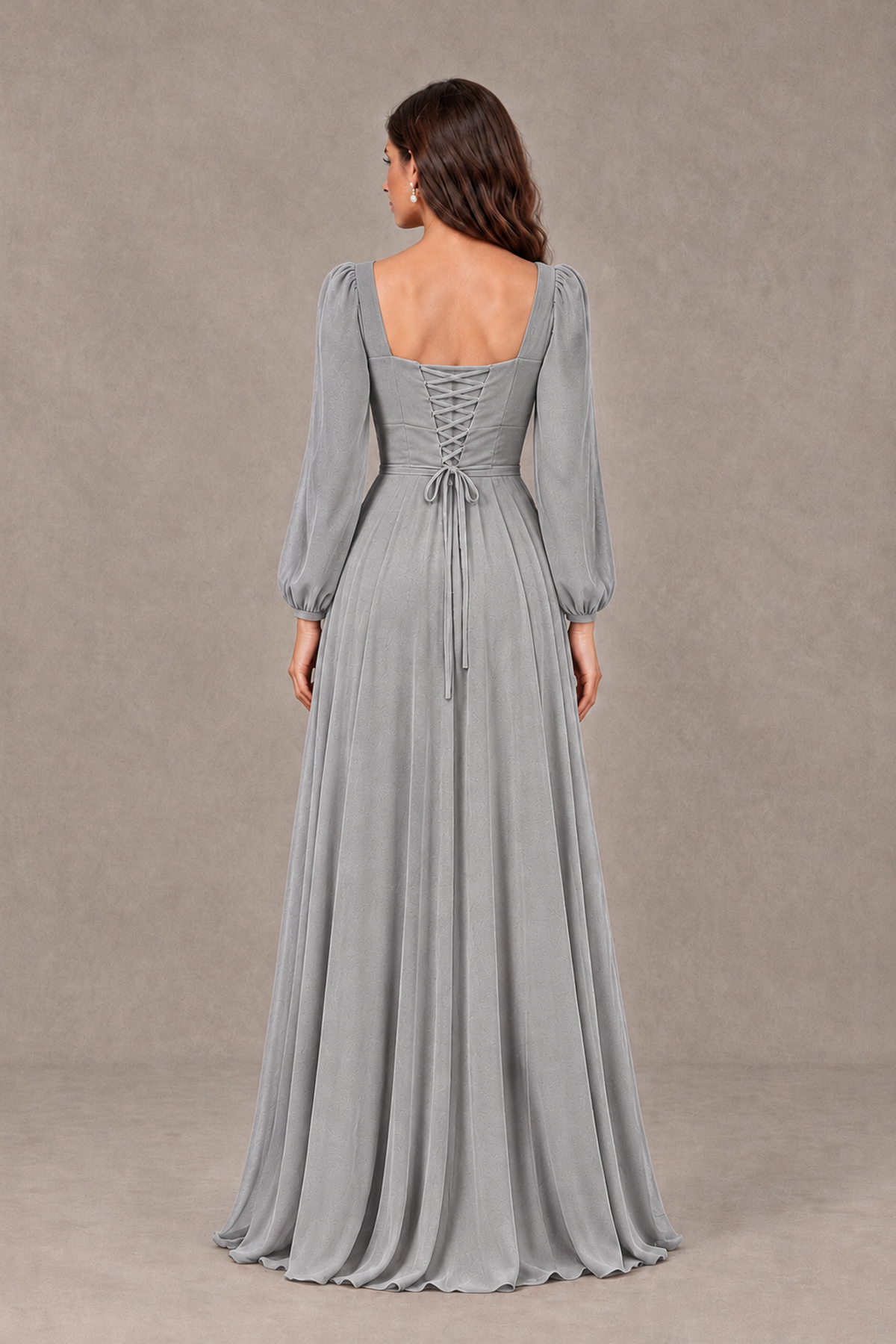 BOLODOO Silver Square Neck Long Sleeve A-Line Bridesmaid Dress - Silver - Silver_2