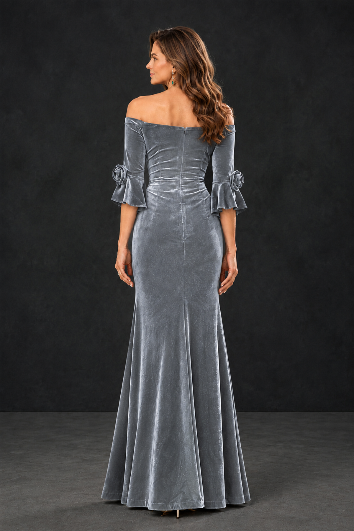 BOLODOO Silver Velvet Mother of the Bride Dress with Rosette Sleeves - Silver - Silver_2