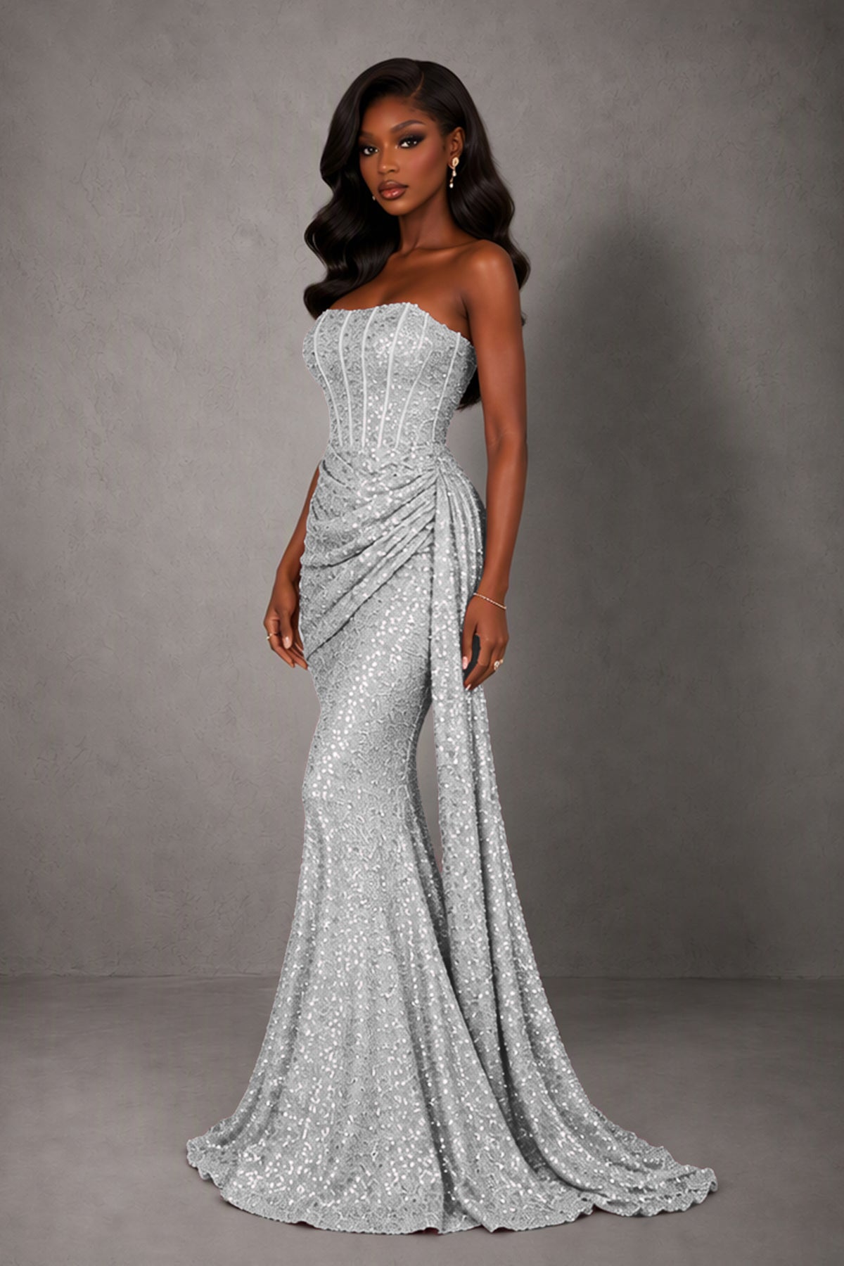 BOLODOO Silver Sequin Strapless Corset Mermaid Evening Gown with Train - Silver