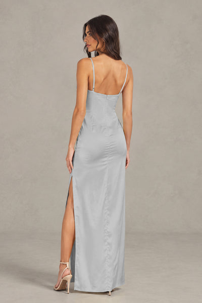 BOLODOO Silver Satin Cowl Neck Open Back Mermaid Maxi Dress with Side Slit - Silver