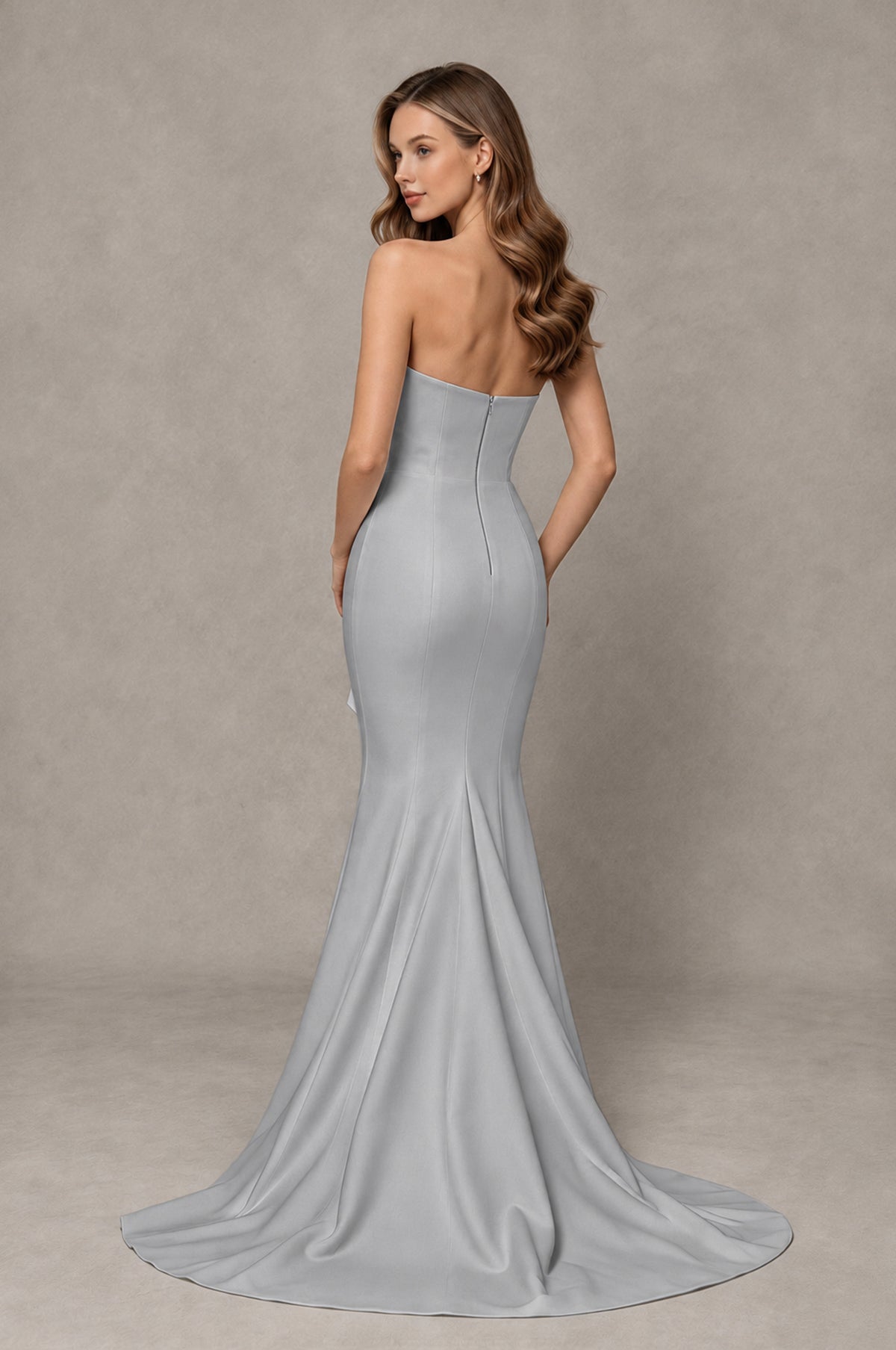 BOLODOO Silver Strapless Mermaid Evening Dress with Ruffle Slit and Train - Silver - Silver_2