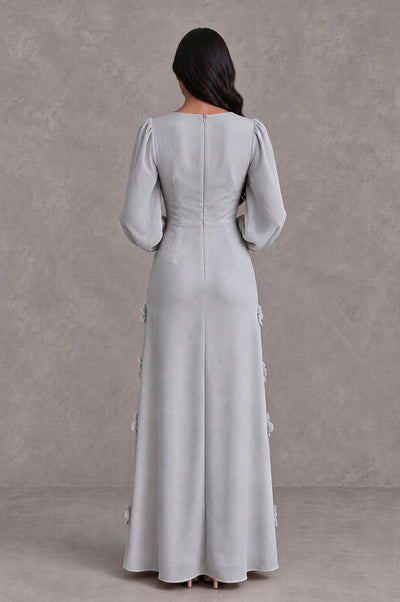BOLODOO Silver Long Sleeve Floral Applique A-Line Evening Dress - Silver - Silver_2