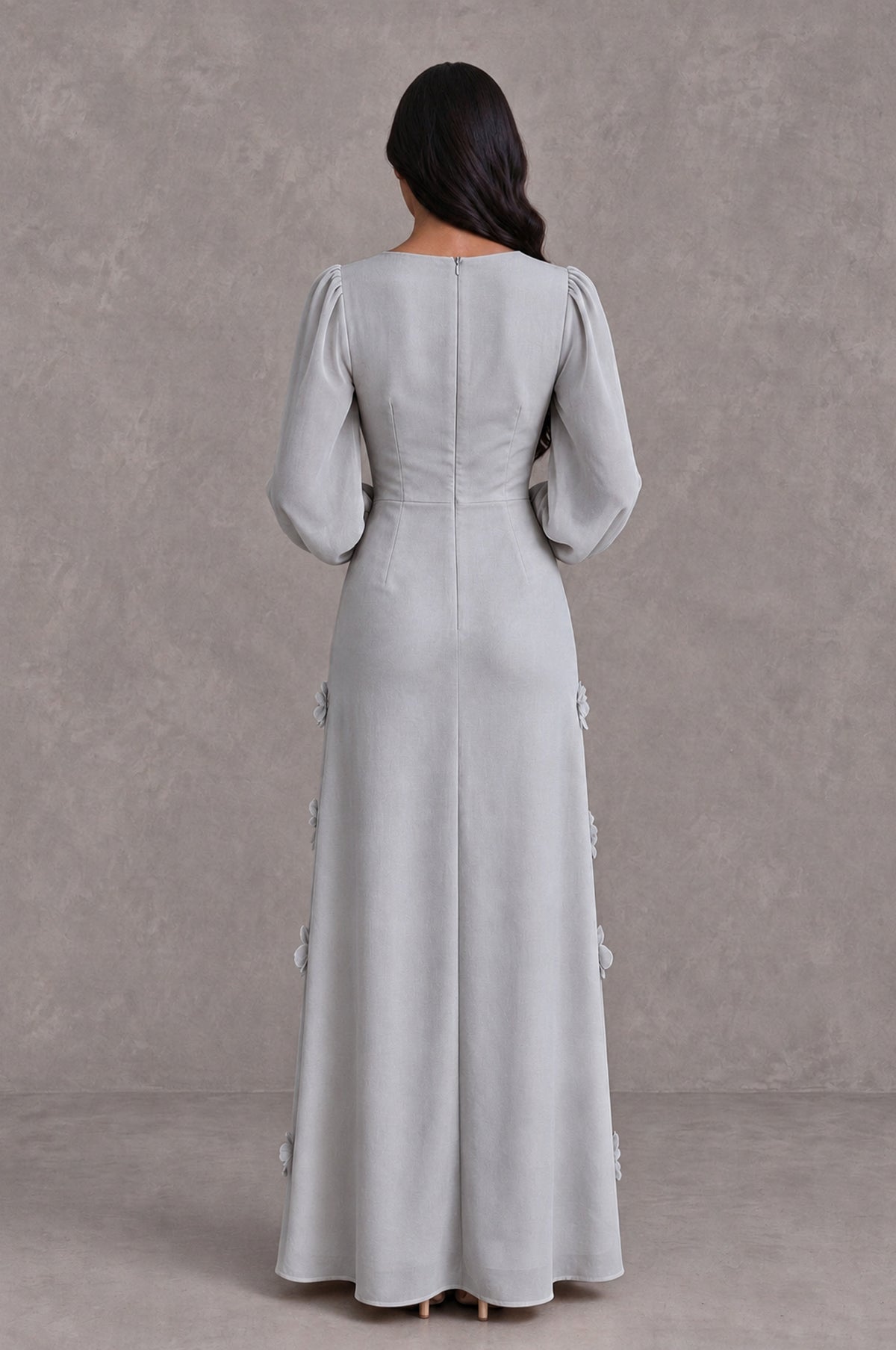 BOLODOO Silver Long Sleeve Floral Applique A-Line Evening Dress - Silver - Silver_2