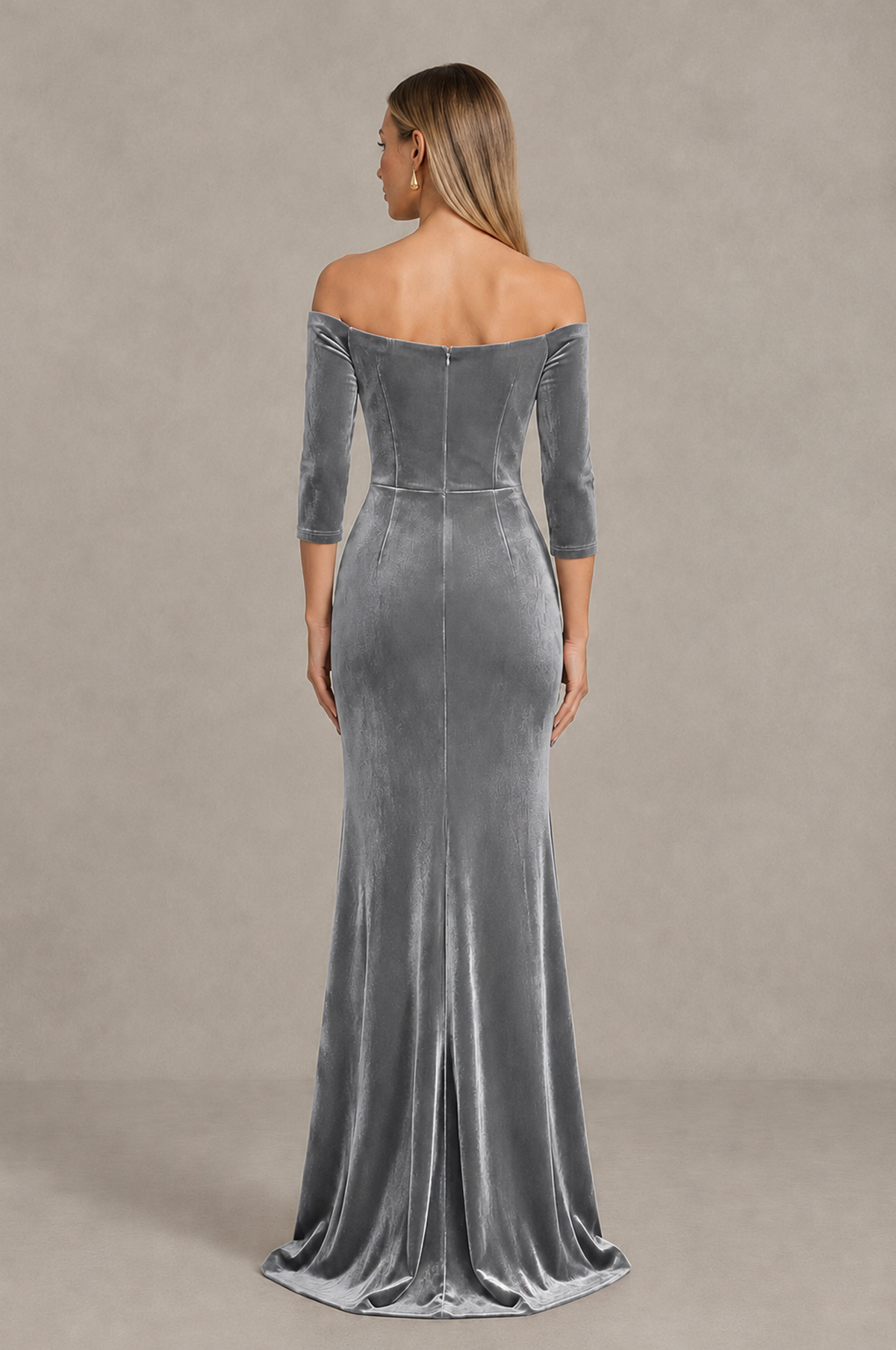 BOLODOO Silver Off-Shoulder Velvet Evening Dress with High Slit - Silver - Silver_2