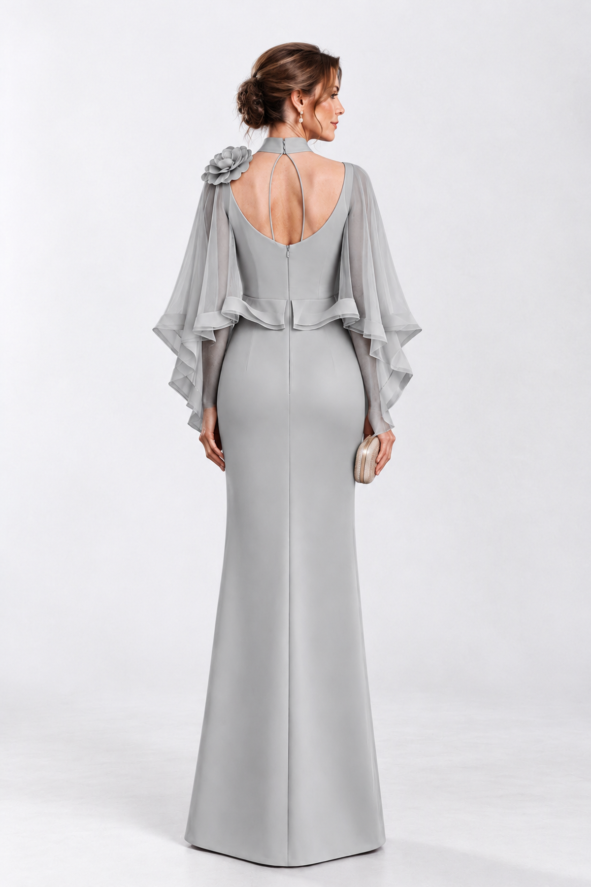 BOLODOO Silver Floral Cape Sleeve Mother of the Bride Dress - Silver - Silver_2