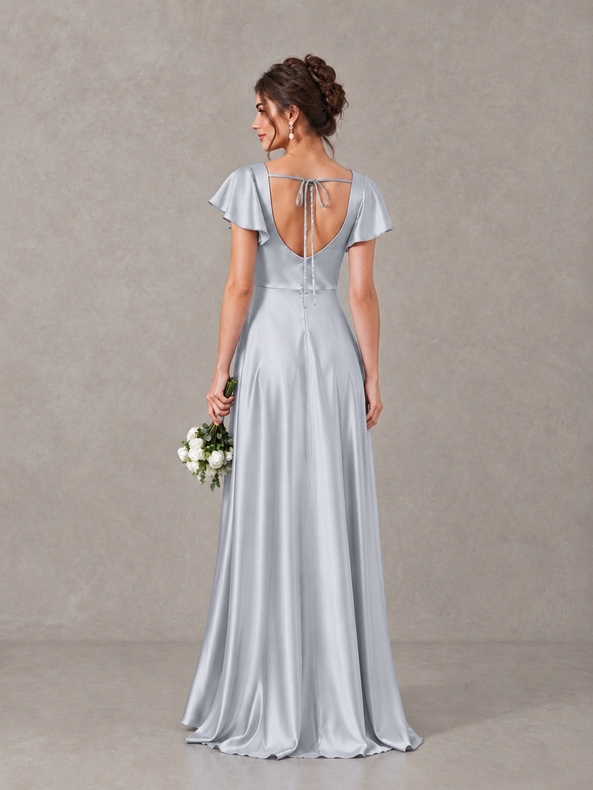 BOLODOO Silver Satin Square Neck Flutter Sleeve A-Line Bridesmaid Dress with Slit - Silver - Silver_2